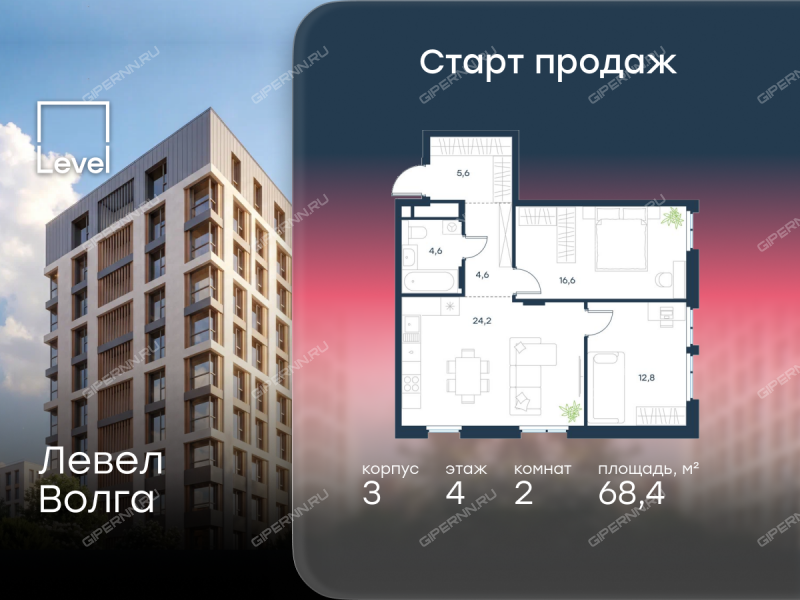 двухкомнатная квартира в новостройке в ЖК Левел Волга, корпус 3